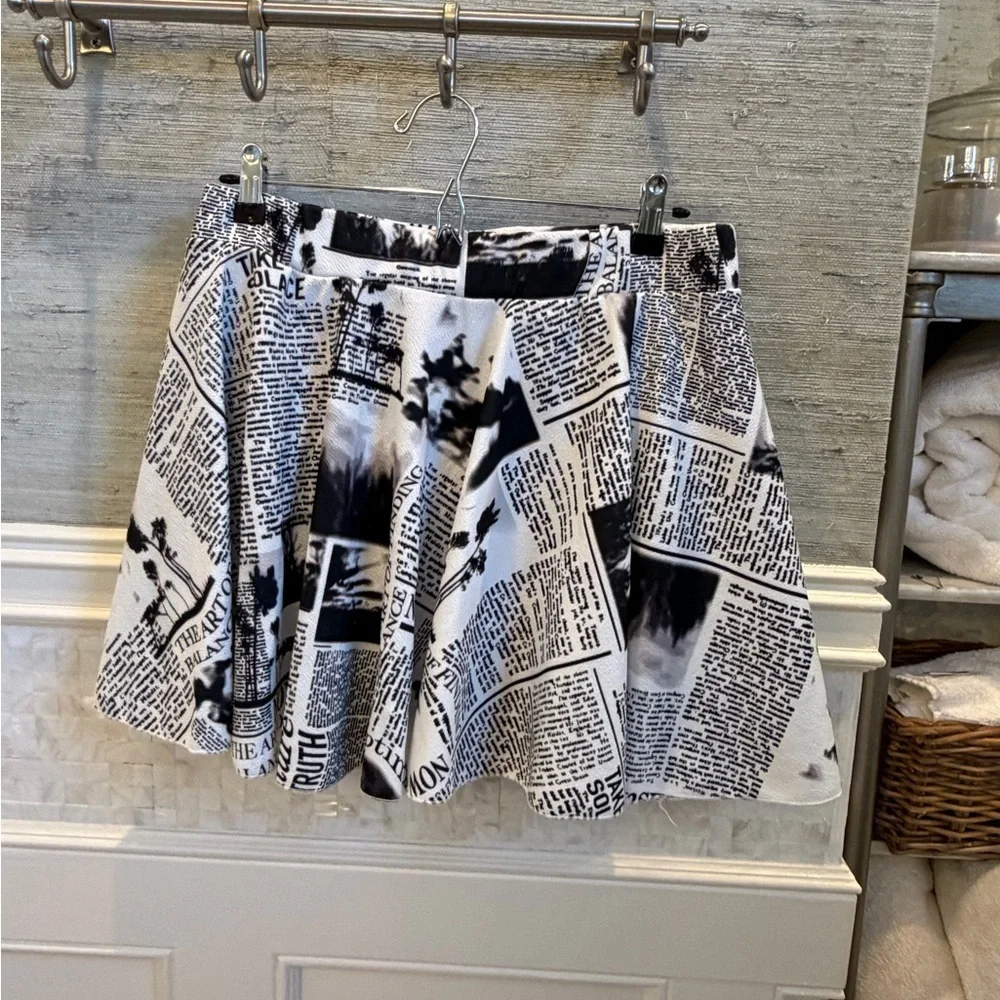 XL SHEIN Newspaper Print Black & White Skater Skirt built in shorts